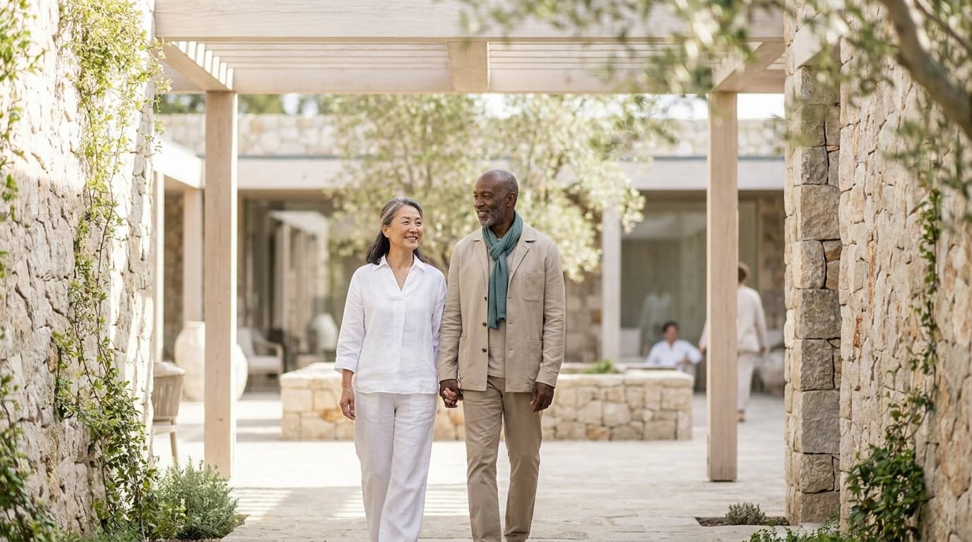 An older couple walking together through a sunlit courtyard
