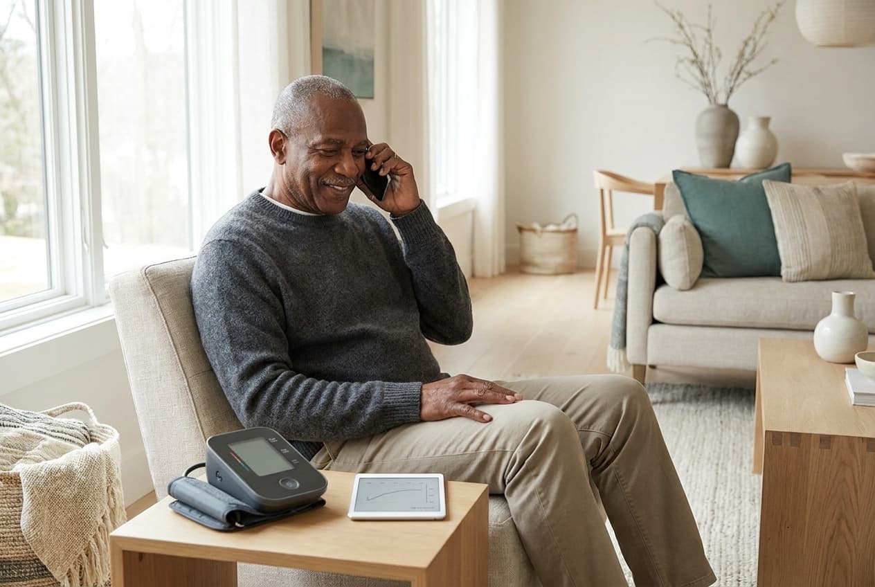 A man at home checks his blood pressure with a connected cuff while talking on the phone